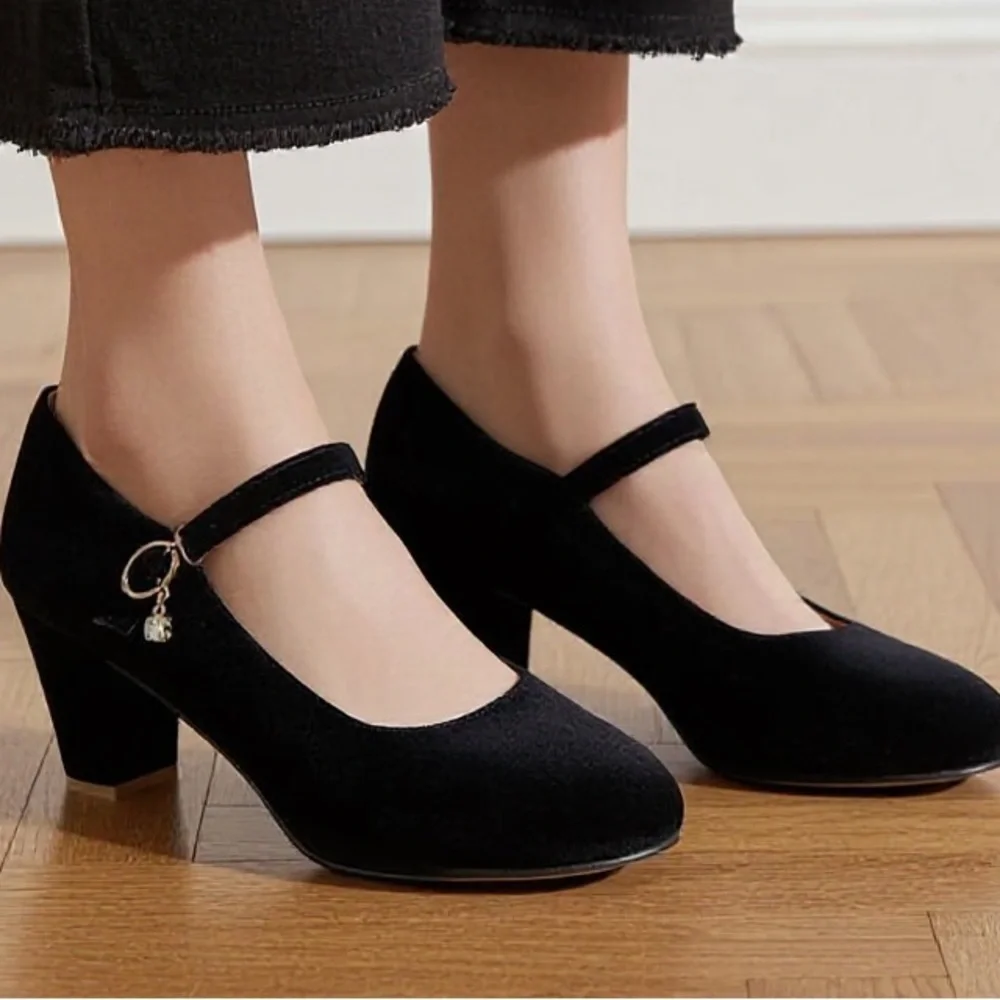 Elegant Black Suede, Rhinestone Embellished Mary Jane Heels -- EU 39 -- US 7.5/8